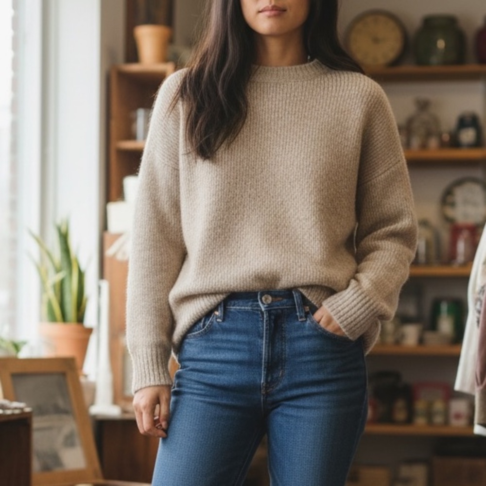 Helmut Lang Soft Beige MERINO WOOL Crew‎ Neck Sweater - L